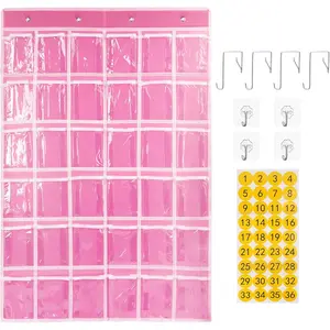 36 Clear Pockets Classroom Pocket Chart Organizer, Pocket Chart for Phone Calculator Holder,  Wall Doo Calculator Phone  with Hooks and Number Stickers ()