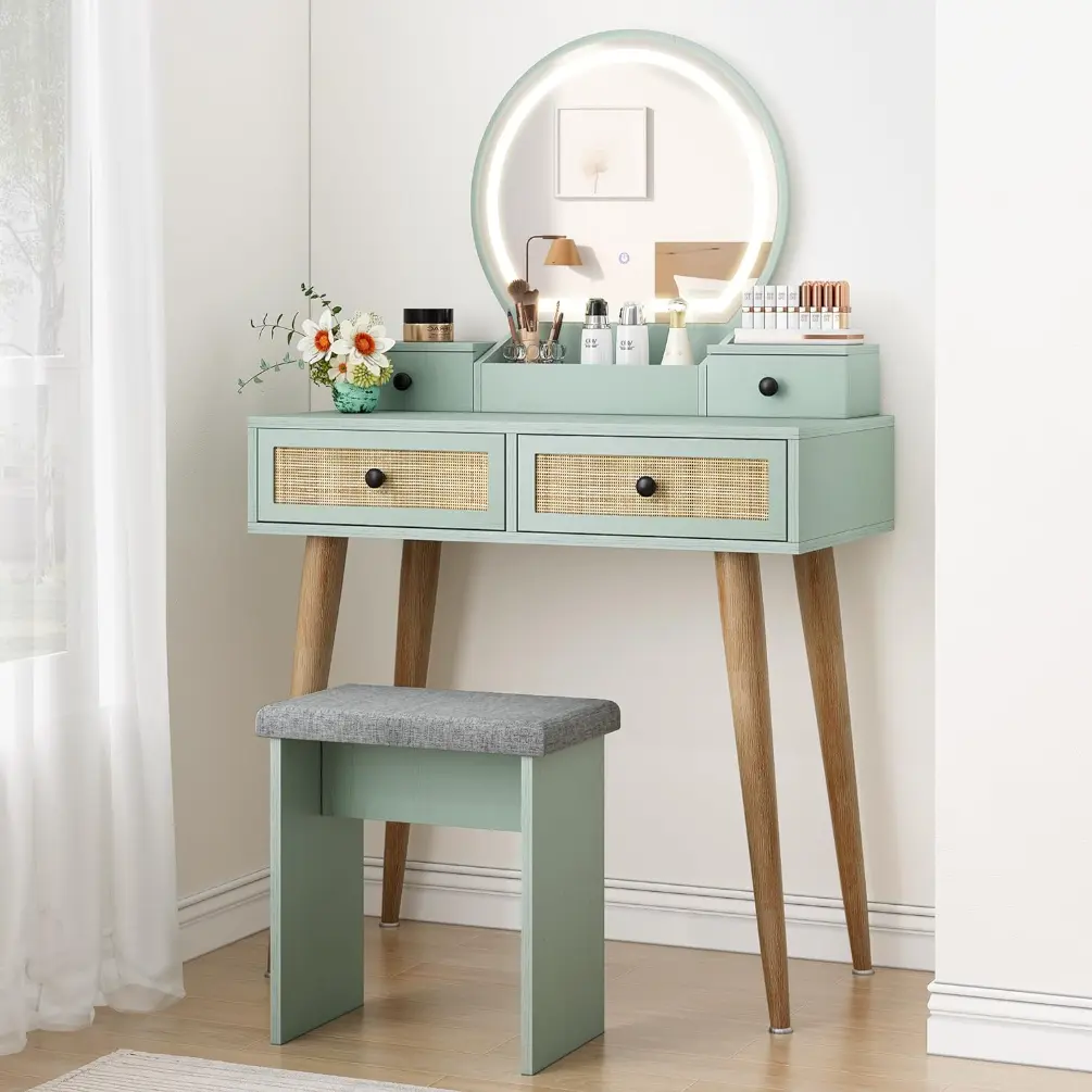 31" Boho Natural Rattan Vanity Desk Set with 3 Modes Adjustable Lighted Mirror and Cushioned Stool, Modern Compact Design Makeup Table for Home smart dressing table is simple and stylishdroom, Cute Dressing Table for Small Space, Mint