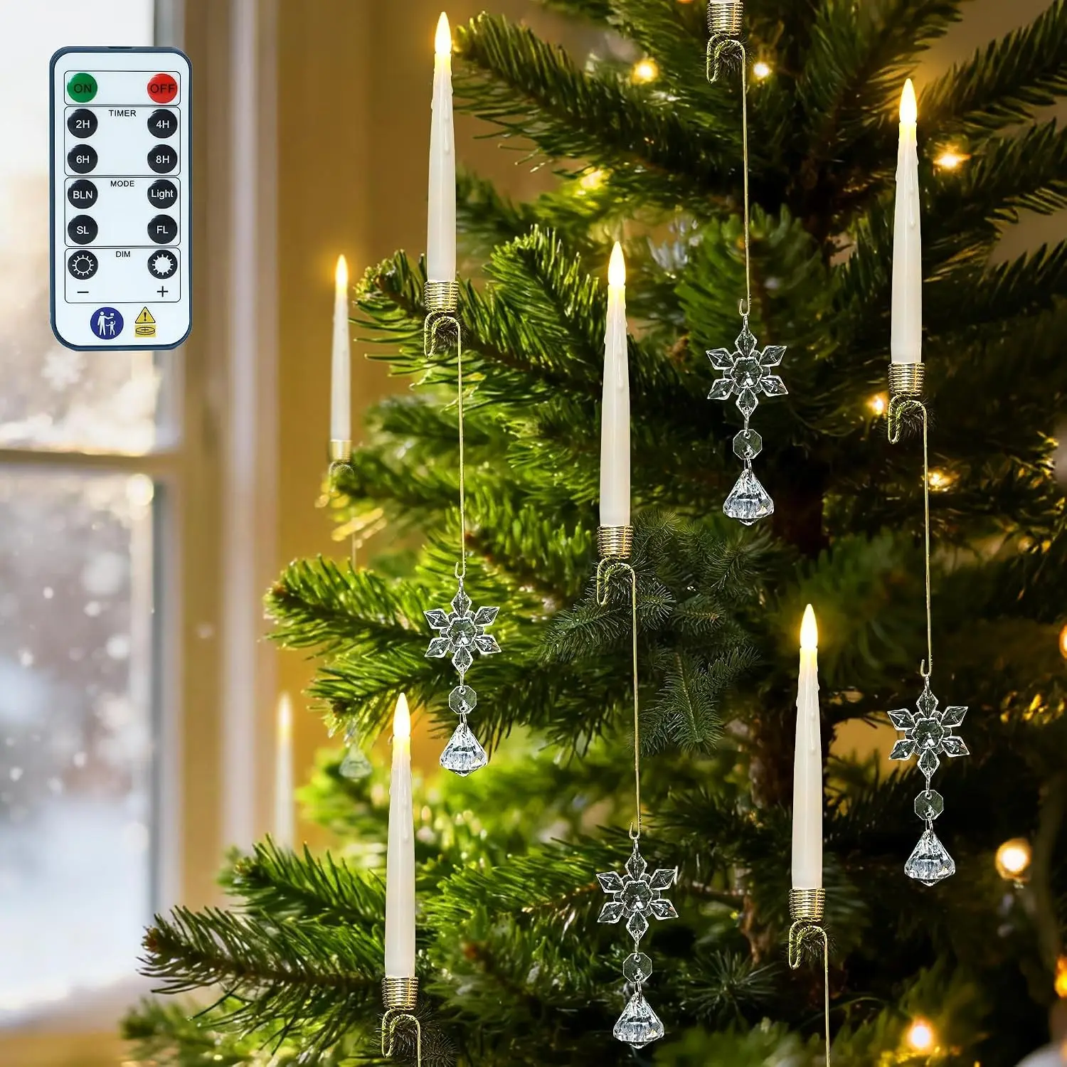 12PCS Flameless Christmas Tree Candles with Remote，Battery Operated Flickering Candles Christmas Tree Lights,LED Taper Candle for Home Parties Birthday Gift with Snowflake Hook(Ivory)