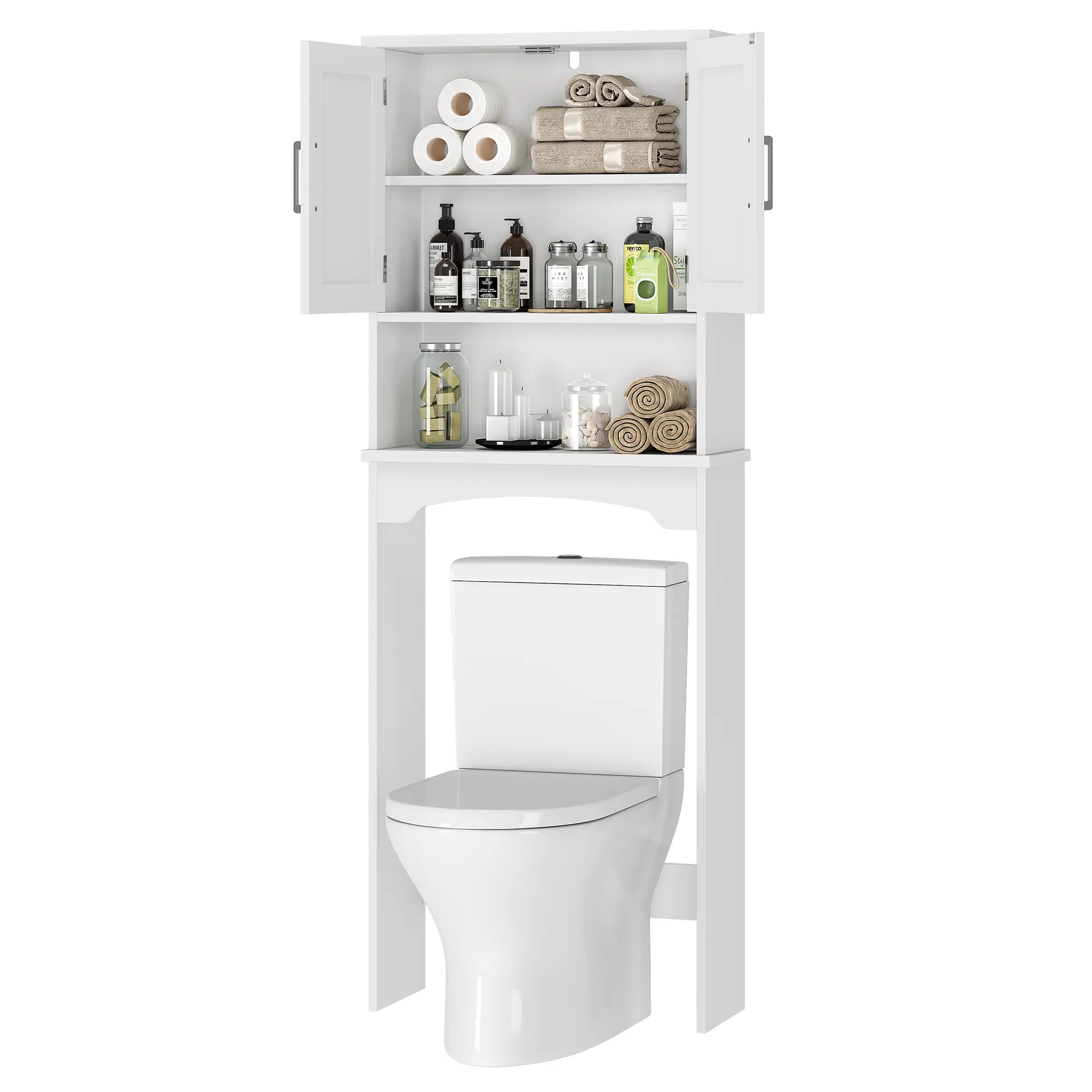 3-Tier Double Door Bathroom Cabinet with Anti-Tip Device, Above Toilet Fit Storage Organizer with Open Shelf Display for Home Bathroom Organization, Hidden Storage, Entryway Organizer