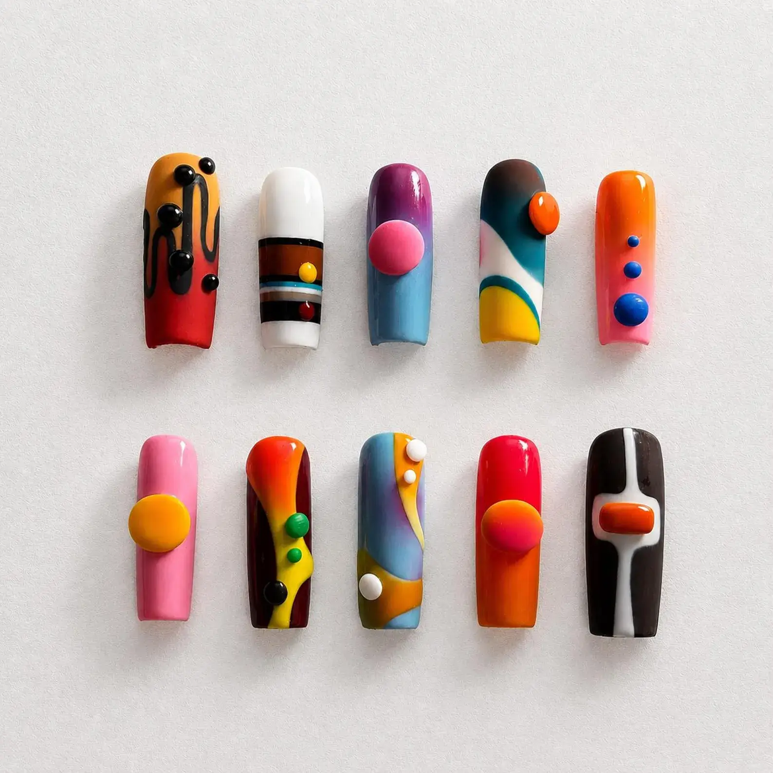 Handmade Abstract Pop Art Press On Nails | 3D Color Block Dots & Retro Shapes | Bold Square Nails for Y2K or Artsy Aesthetic