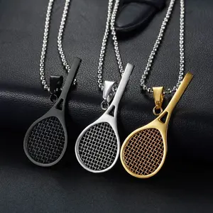 Unisex Stainless Steel Tennis Racket Custom Pendant Necklace with Steel Chain - Minimalist Necklaces, Modern Sporty Aesthetic Costume Jewelry, Anniversary Gift for Sports Enthusiasts