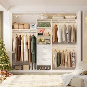 96'' W Walk-in Closet Organizer System with 3 Wooden Drawers and  3 Hanging Rods, Sturdy Reversible Closet System with Adjustable Storage Shelves