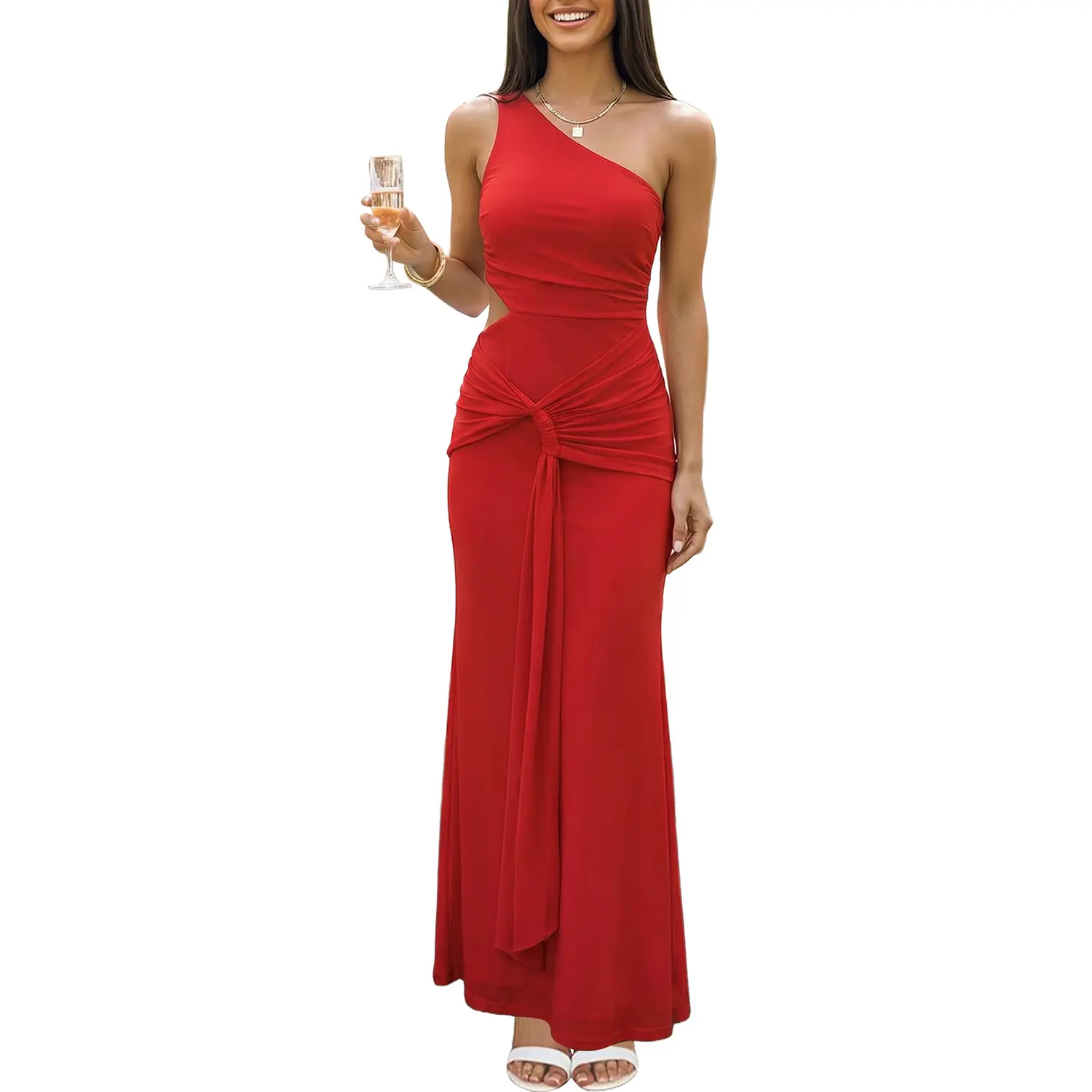 Kaximil Women’s Sexy One Shoulder Formal Maxi Dress, Cut Out Bodycon Cocktail Wedding Guest Dress for Party, Summer Beach Vacation Outfit, Sleeveless Elegant Evening Gown, Soft Mesh Stretchy Trendy Prom Dress Breathable Fabric Long Dress