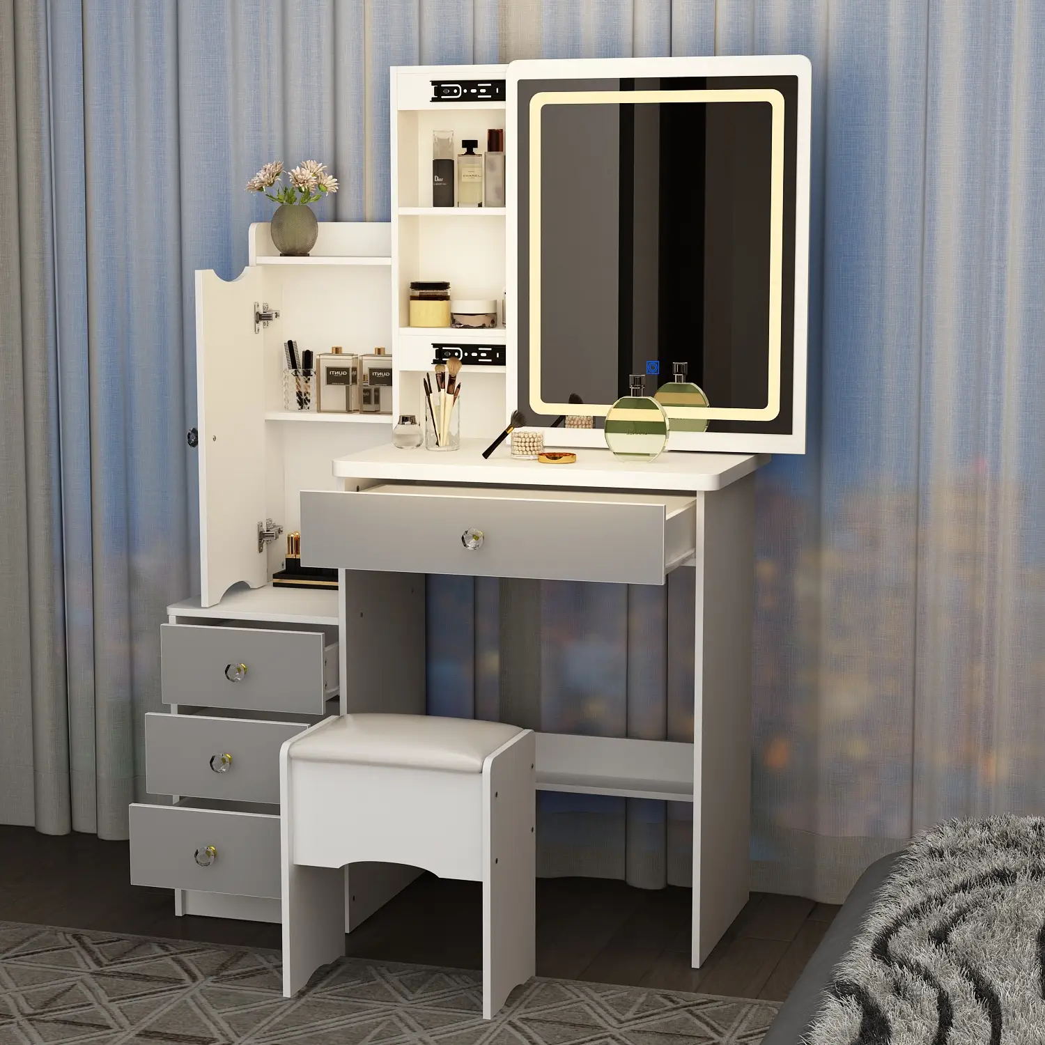 FUFU&GAGA (Crystal Handle) Makeup Vanity Dressing Vanity with Sliding Lighted Mirror, Dresser and Cushioned Stool Set