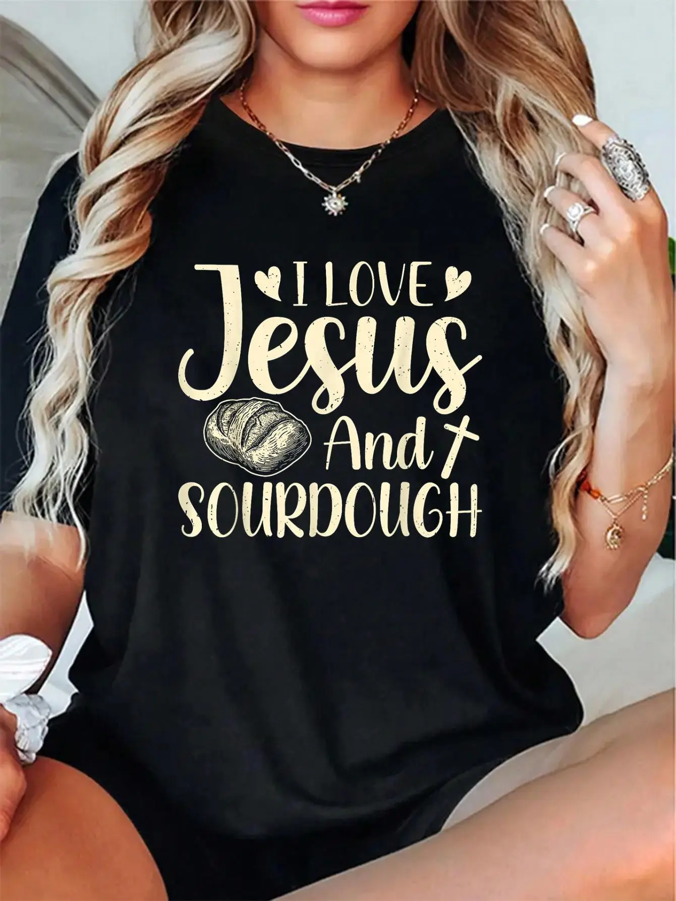 Women's 100% Cotton Short Sleeve T-Shirt Tops - Cute Unisex Christian Faith Sourdough & Autumn Maple Leaf Print, Soft Breathable Fabric, Comfortable Style, Everyday Wear for Thanksgiving, Halloween, Shortsleeve, Vibe, Fit, Digital Print, High Def Print