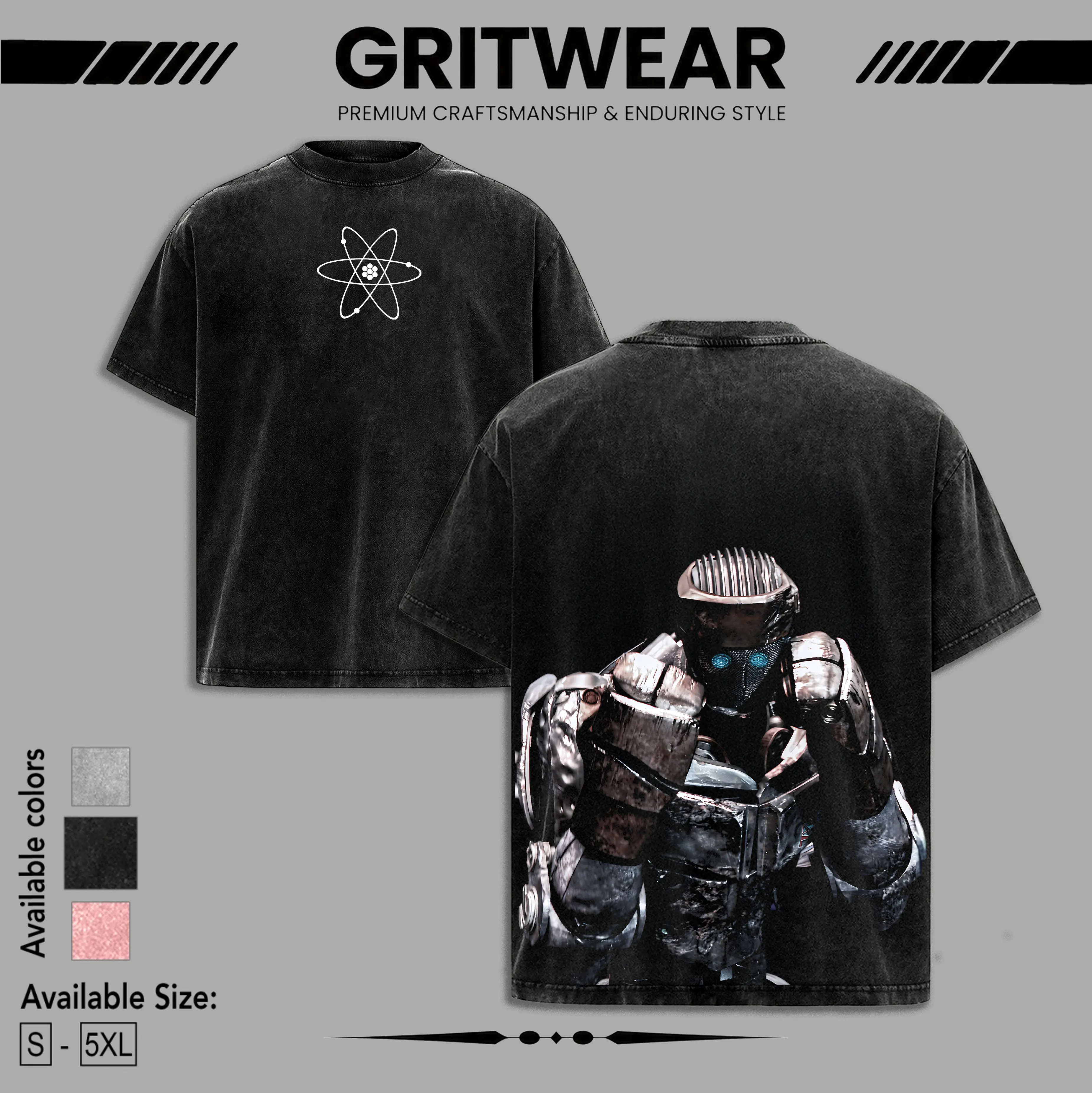 Atom Real Steel movie acid wash 2 Sided premium heavy cotton t-shirt unisex neck graphic t-shirts horror movie Menswear Streetwear