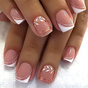 French Press On Nails Short Square, Nude Fake Nails with White French Tip and Minimalist Purple and Gold Line Design, Glossy Gel Finish Acrylic Nails, Natural Reusable Glue On Nails for Women 30Pcs