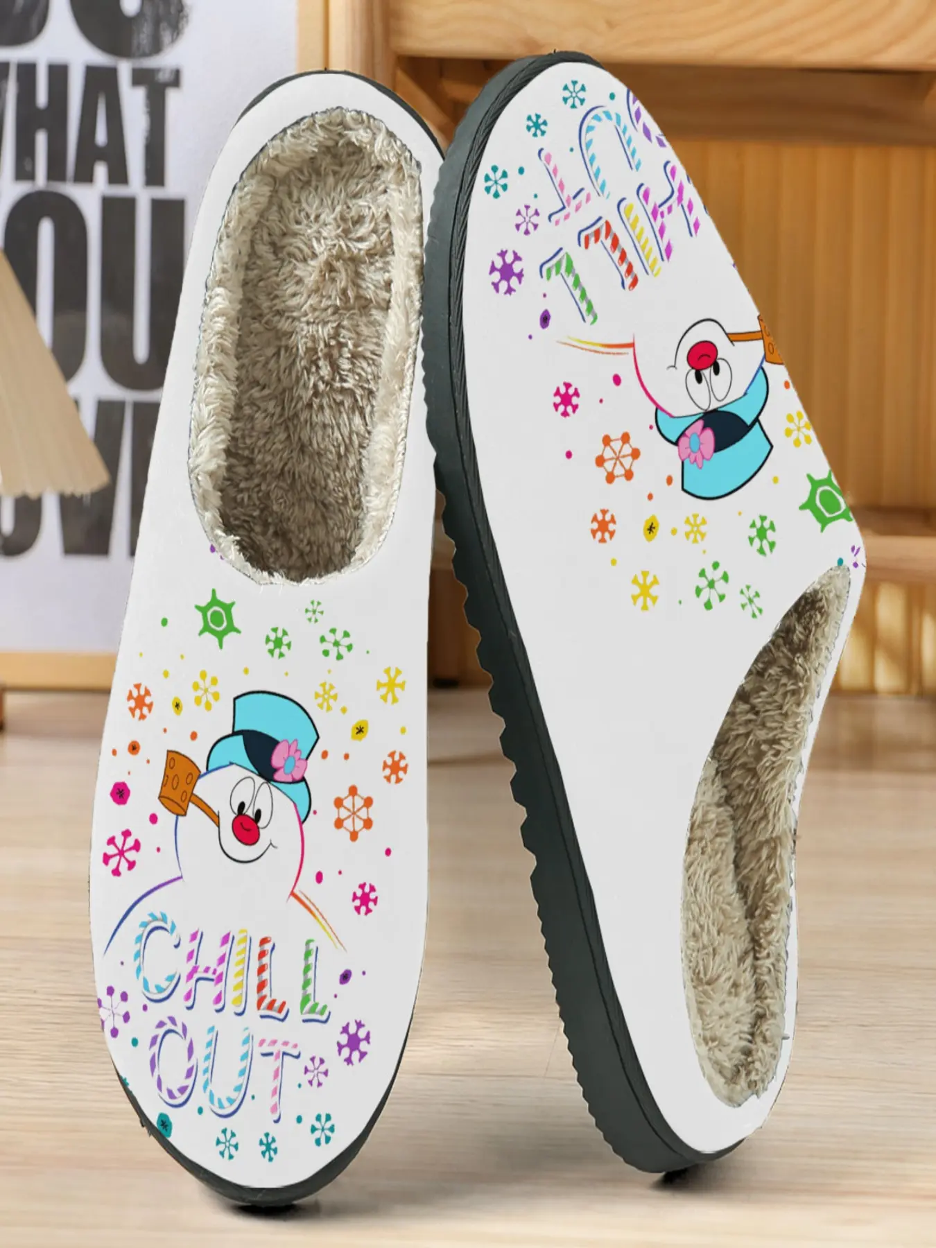 Snowman Theme Cotton Slippers, Colorful Snowflakes, Cute Snowman Design, Base, Plush Lining, Warm Winter Home Shoes