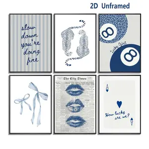 6-piece set, stylish navy blue leopard-print wall art; preppy-style “kissing lips” bow painting; playful and avant-garde cheetah wall decor; “Lucky No. 8” basketball poster; perfect for girls' bedrooms, living rooms, and dorm rooms; frameless 2D canvas pr