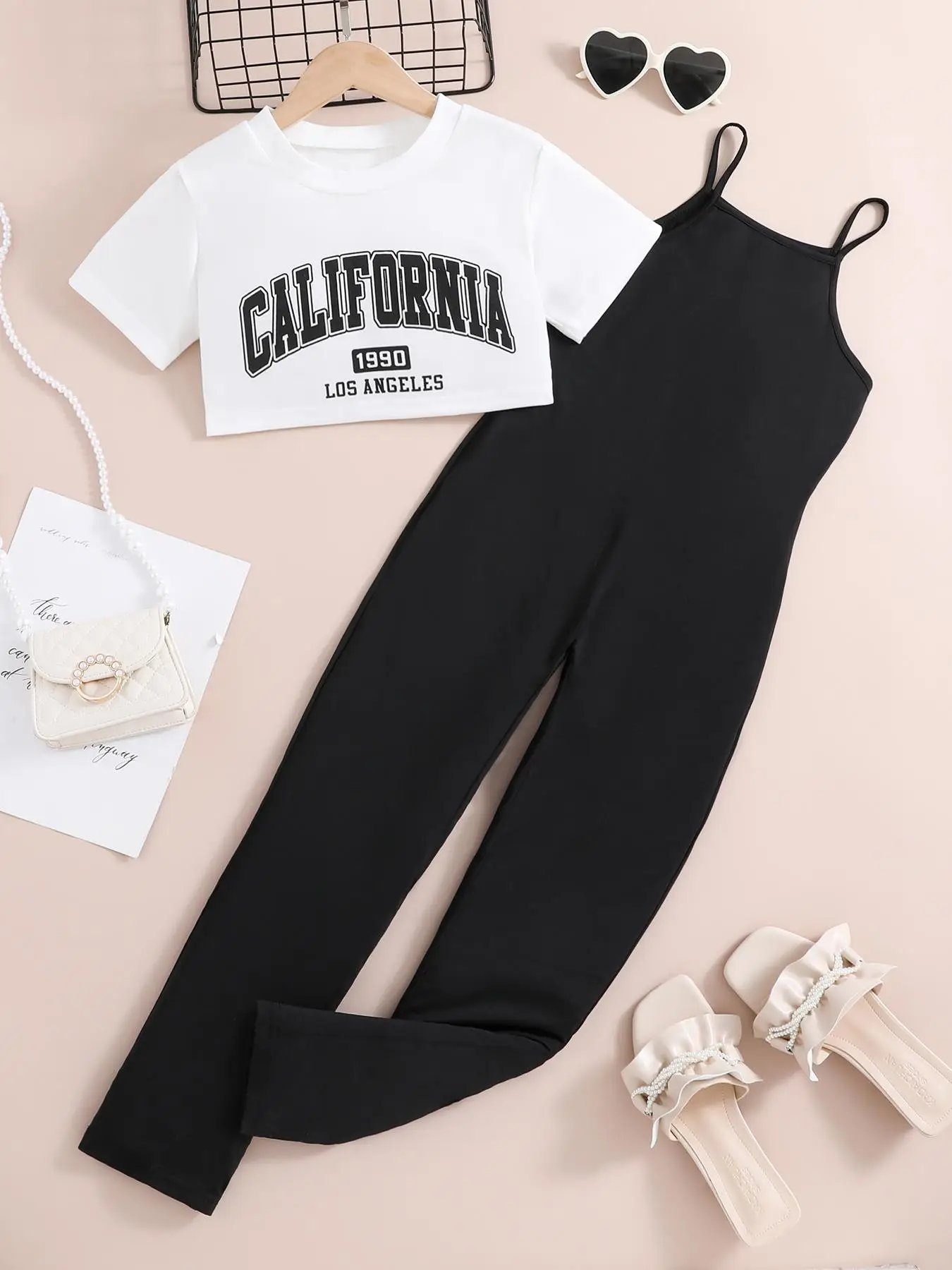 Toddler Girl's Letter Print Crop Top & Overalls Jumpsuit Two-Piece Set, Casual Short Sleeve Top & Jumpsuit for Summer, Kids Clothes for Daily Wear