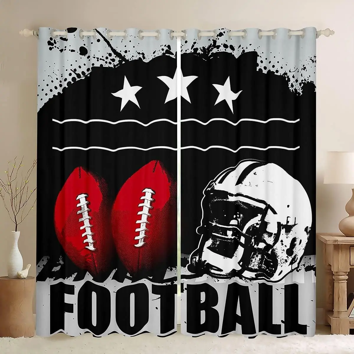 Feelyou 2-Panel Grommet Curtain Panels, Durable Velvet Blackout Privacy Curtains with Bold Colors Soccer Ball Print, 38x45in Option, Black White Red Bedroom Window Treatments (Multi-Size, Machine Washable), Velvet Fabric