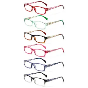 COJWIS 6 Pack Reading Glasses for Women Blue Light Blocking Rectangular Pattern Frames Spring Hinge Reading Glasses