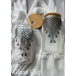 Palestine kufiya 16oz Glass tumbler with straw, Glass tumbler, glass coffee cup with straw