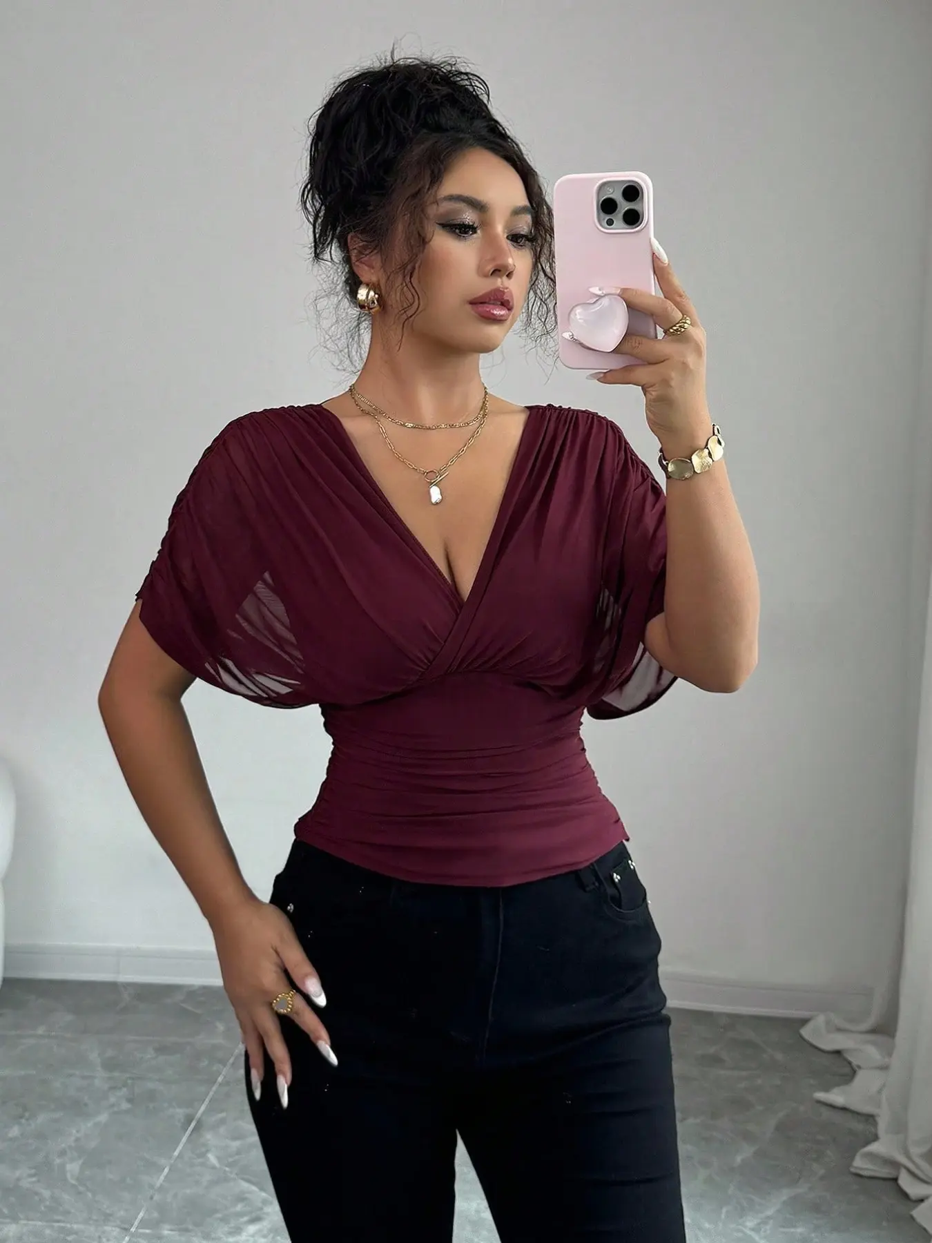 Elegant V Neck Batwing Sleeve Belted Top, Commuter Style Slimming Fitted Ruched Short Shirt, Breathable Textured Fabric, Multiple Colors Available, Aesthetics Lady Womenswear Blouse, Blouse Shirts