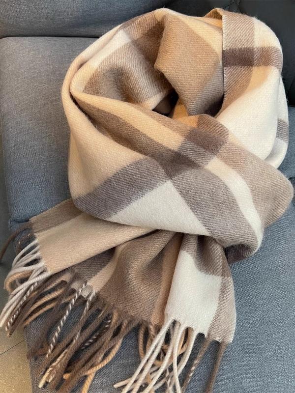 Women's Plaid Wool Scarf, High-End Winter Shawl, Pure Wool Neck Warmer, Perfect Birthday Gift, Stylish and Warm Accessory, Tassel Decor Scarf