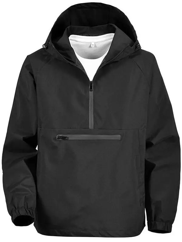 Men's Plain Hooded Windproof Half-Zip Pullover Outdoor Coat, Menswear with Drawstring Hood, Elastic Hem, and Pocket for Hiking, Streetwear, Coats, Long Sleeve