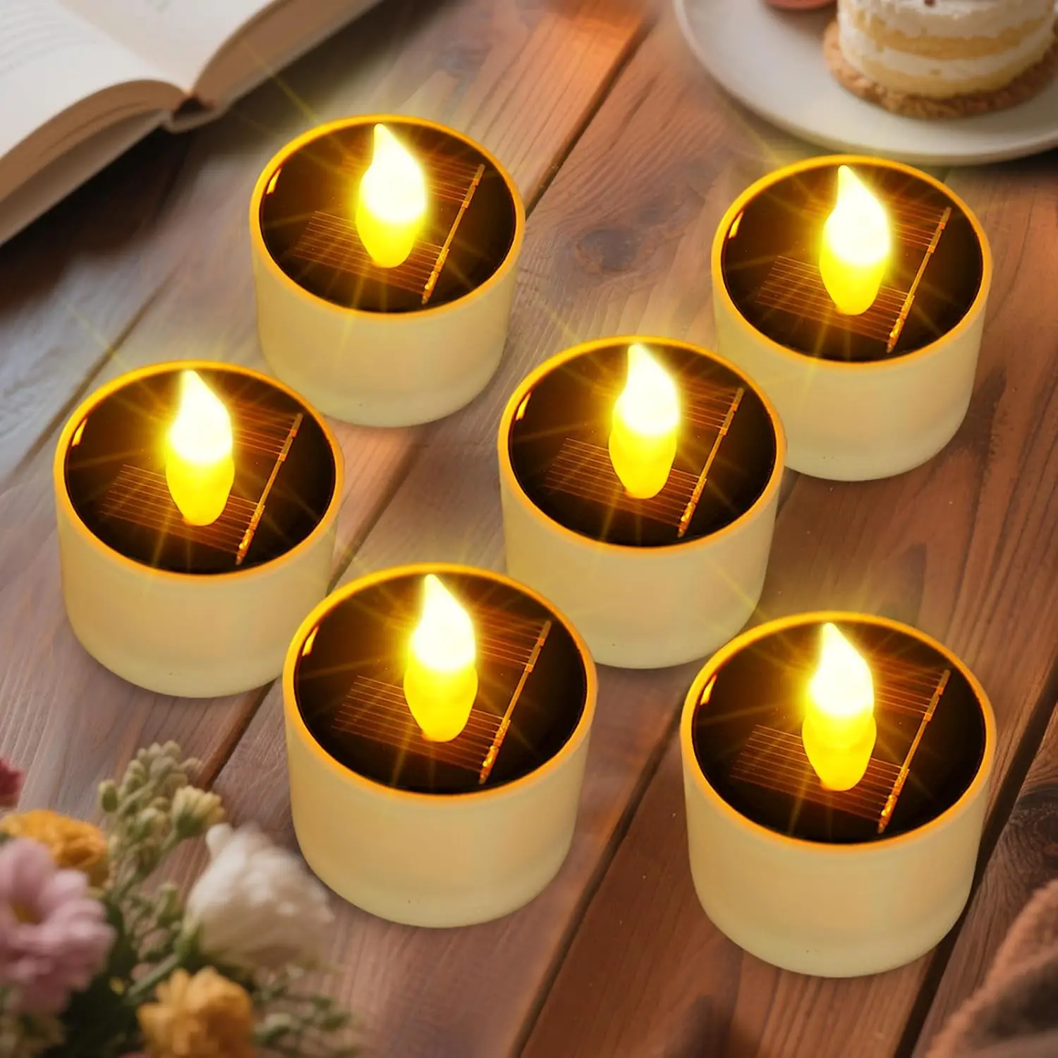 6-Pack Waterproof Rechargeable Solar Tea Lights - Dusk-to-Dawn Flameless Flicker LED Decorative Lamps, 2.1"d x 2.3"h, 15-20lm, Water Resistant, Batteries Included, Mood Lighting for Church, Family Dinner, Lanterns (Home Improvement Outdoor Lighting)