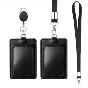 ID Badge Holder Set, 2 Counts PU Leather ID Badge Holder with Lanyard & Key Buckle, Identification Badges & Supplies for Office, ID Card Holder