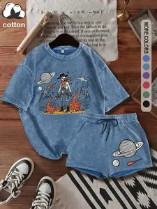 Summer women's Fitted set, with western cowboy and space pattern print, comfortable cotton retro Y2k clothing suitable for outdoor leisure, punk style round neck washed cotton T-shirt shorts two-piece set, women's summer clothing
