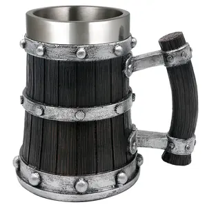 Medieval Vintage Viking Wood Beer-Tankard Epic Heavy Duty Mug - 21oz Norse Unique Stainless Steel Cup Funny Coffee/Beer Mug Gifts for Men Nordic Decor