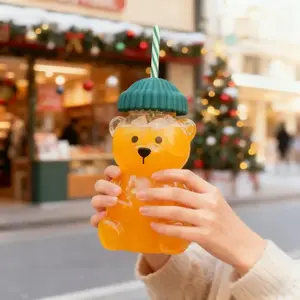 2026 Starbucks Barista Bear Cup Xmas gift 600ml,Viral TikTok Bear Glass Cup with Knit Beanie Lid & Straw-Cute Teddy Bear Shaped Drinking Tumbler, Clear Reusable Glass Cup for Iced Coffee, Smoothies & Drinks, Aesthetic Holiday Gift for Girls Drinkware Mug