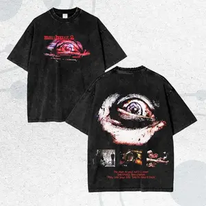 Mens Trendy Black Washed Manhunt 2 Graphic T Shirt Retro Grunge Bloody Creepy Eye Horror Story Quote Print Short Sleeve Crewneck Cotton Tee Streetwear Top for Cult Horror Game Fans and Everyday Activities