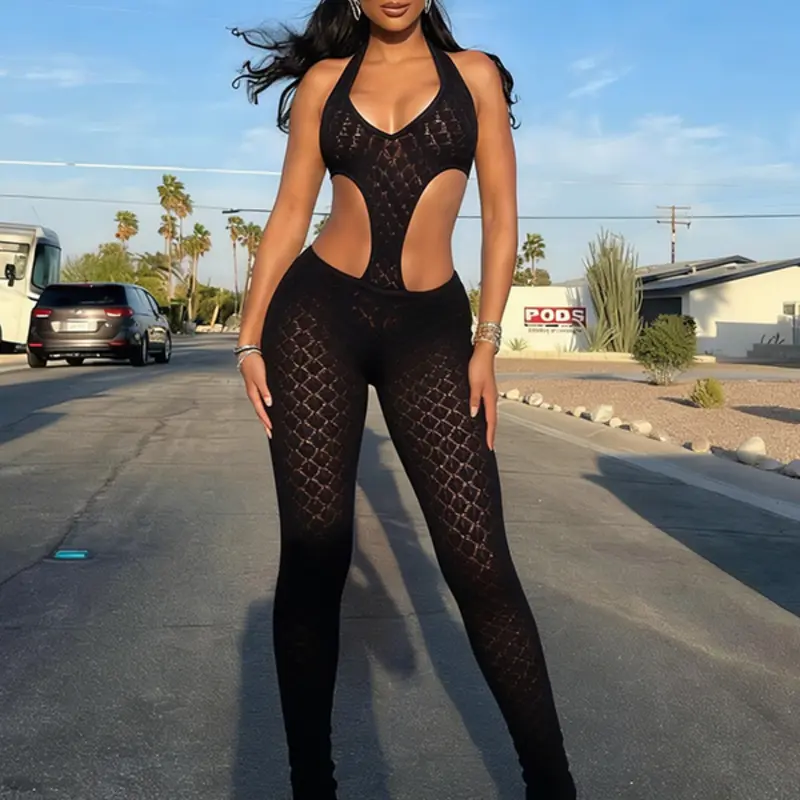 Women's Halter Backless Cut Out Top & Mid Waist Flare Jumpsuit, Fashion Chic Strappy Design, Daily Wear Versatile and Stylish, Fit, Womenswear