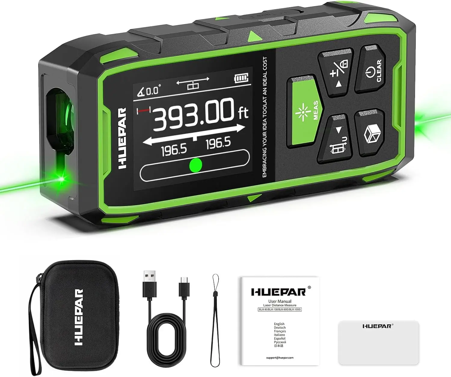 Huepar Professional Dual Laser Measuring Tool 393ft, Rechargeable Bilateral Laser Measurement Tool Backlit LCD, Digital Laser Distance Measure 6 Units, Multi Mode Length/Area/Volume/Angle Sensor, Laser Tape Measure, Dual Laser Beam