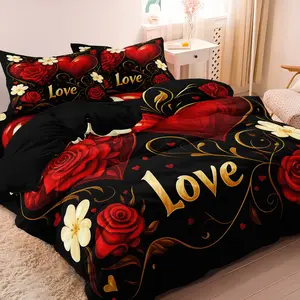 3pcs Set Deep Red Rose Love Heart Rose Design Duvet Cover Set, Bed sets, Suitable For Bedroom, Hotel, Inn, Valentine's Day Gift (1*Duvet Cover + 2 Pillowcases Polyester Fiber 90g, No Core)