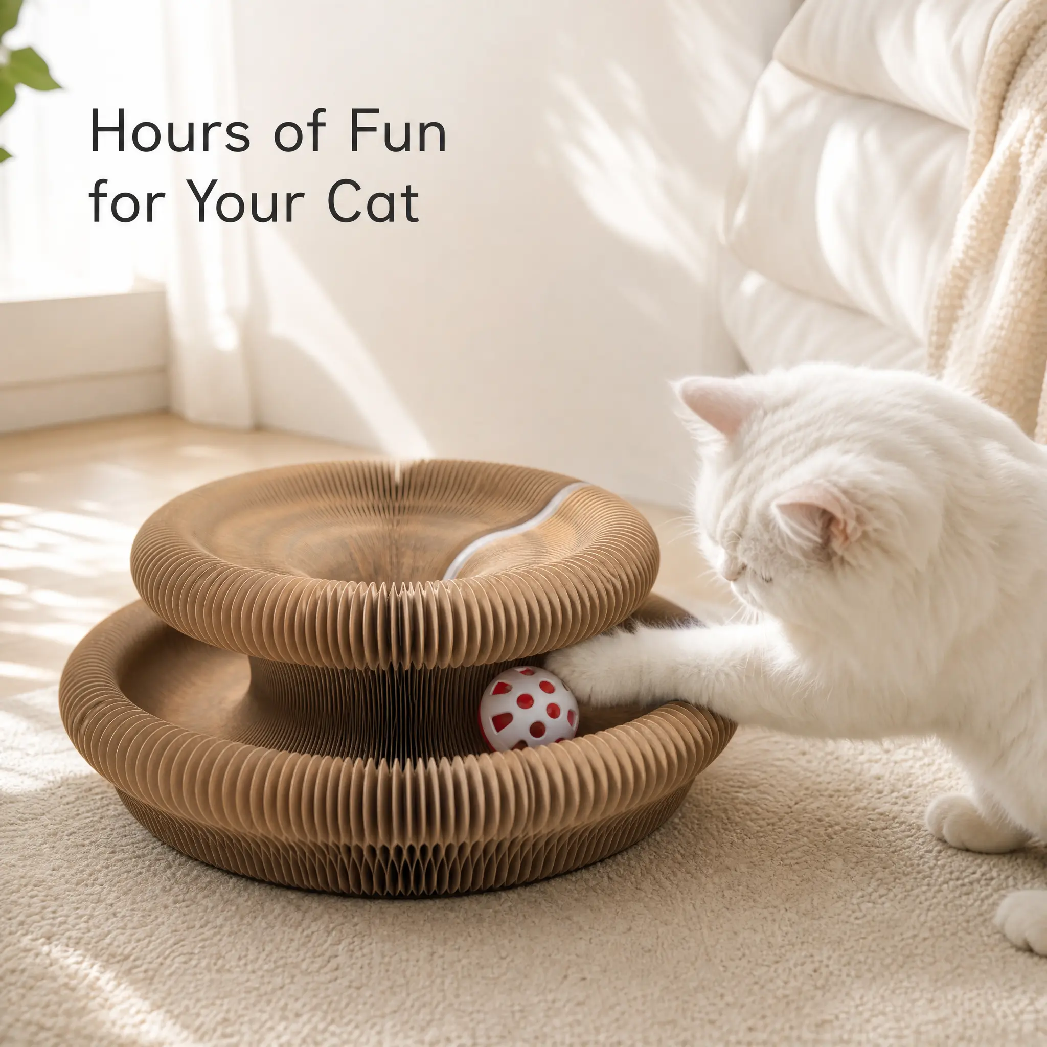 Accordion-Fold Recycled Cardboard Cat Scratch Pad - Modern Wood Grain, Eco-Friendly, Scratch-Resistant Interactive Pet Toy with Built-In House Bed, Furniture-Safe, Supports Claw Health for Cats of All Ages & Breeds