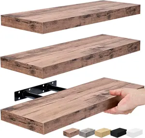 Rustic Floating Shelves - 3 Pack 16 Inch MDF Wall Shelves for Bedroom, Kitchen, Living Room, Bathroom Decor - Easy Install with Mounting Hardware Included - Decorative Farmhouse Style