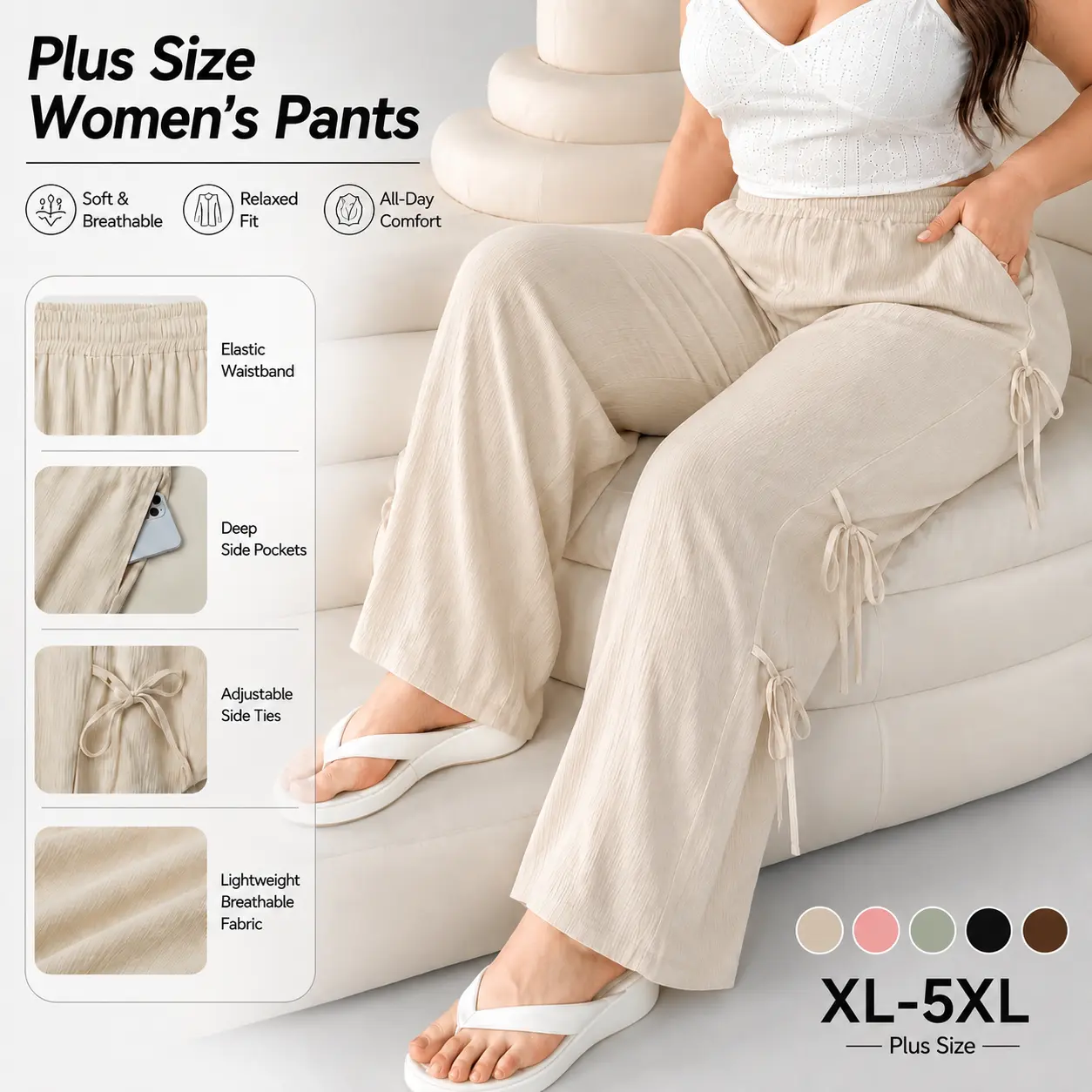 Women's Plus Size Wide Leg Joggers (XL-5XL), Elastic High Waist Casual Trousers with Side Bow Ties, Lightweight Breathable Deep Pocket Pants for Daily Loungewear
