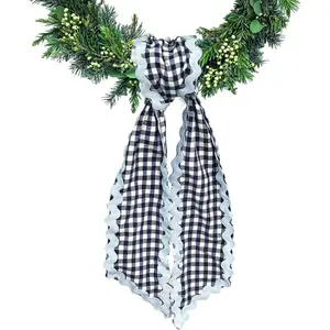 Black White Buffalo Plaid Cotton Satin Wreath Sash Garland Ribbon Accessories for Front Door Wreaths Yard Doorway Indoor Outdoor Bow Bridal Shower Home Decor 5.11 x 54.33