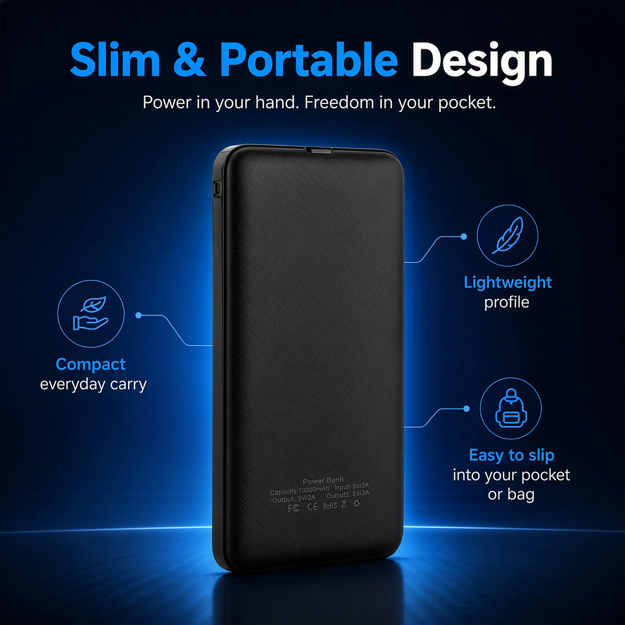 LEEVOD 10000mAh Slim Power Bank – USB-C PD & QC3.0 Fast Charging Portable Charger, 3 Outputs, Smart IC Battery Pack for iPhone & Android