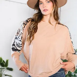 Thermal with Lace and Leopard Print Top for Women - Stylish Waffle Knit Design with Contrast Sleeves