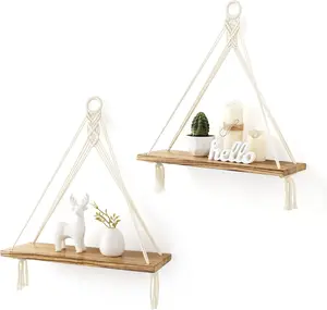 2PCS Macrame Hanging Shelves Boho Wall Decor, Rustic Wood Floating Storage Shelf for Bedroom Bathroom Living Room Nursery Dorm Room, Display Shelving for Hanging Plants Photos