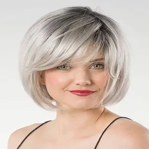 Grey Bob Short Wigs for White Women Ombre Gray Bob Wig with Bangs Straight Bob Haircuts Heat Synthetic Wigs for Old Lady Average Size Wig