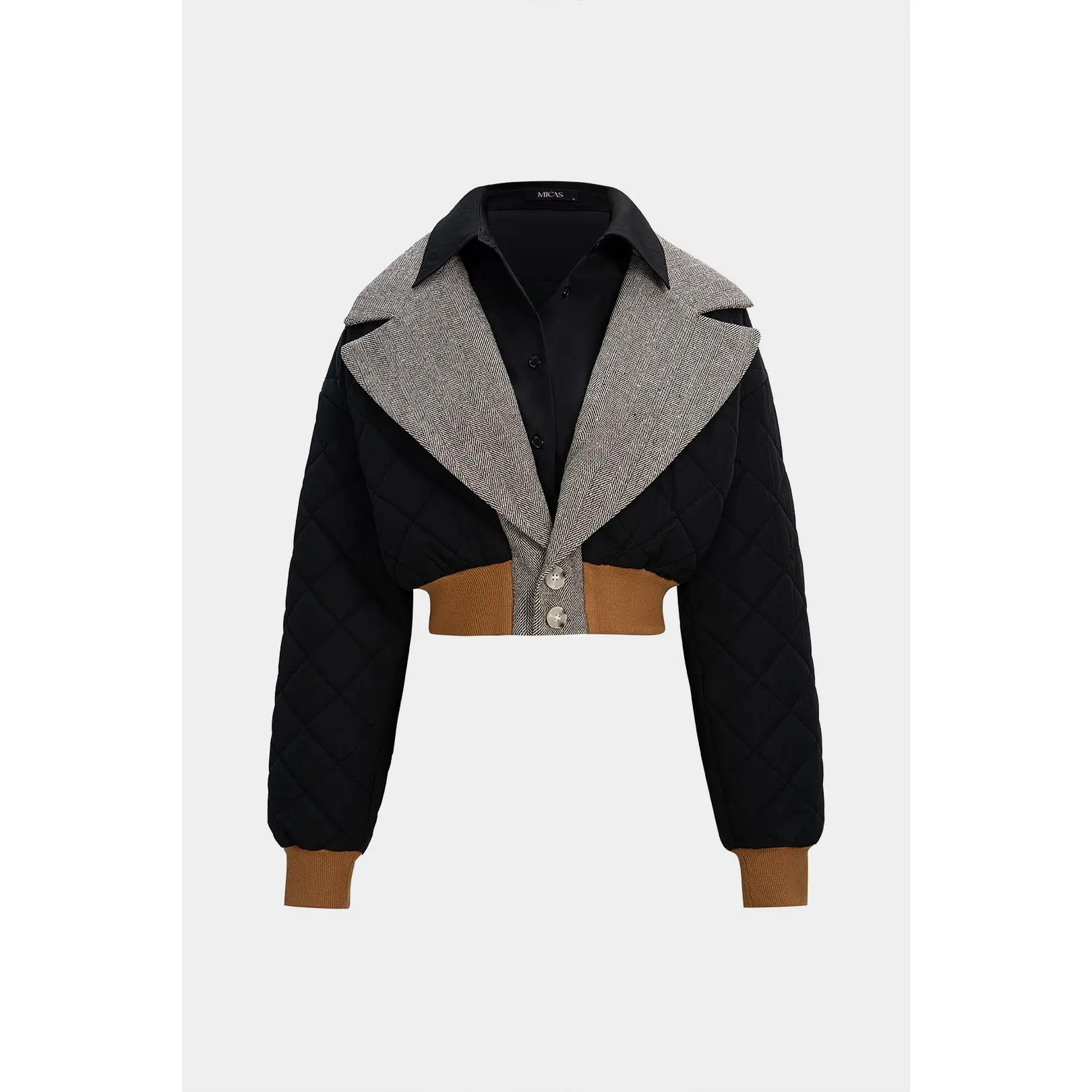 Notched Lapel Patchwork Stitching Detail Puffer