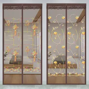 Embroidered Magic Tape Mosquito Door Curtain, Silent Screen Door Mesh for Bedroom, Random Pattern, Hand-Cut Size +/- 3cm, Buy Large