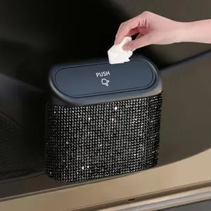 Artificial Rhinestone Inlaid Car Trash Can, Multi-functional Car Interior Hanging Storage Bin with Automatic Lid, Stylish Car Accessories