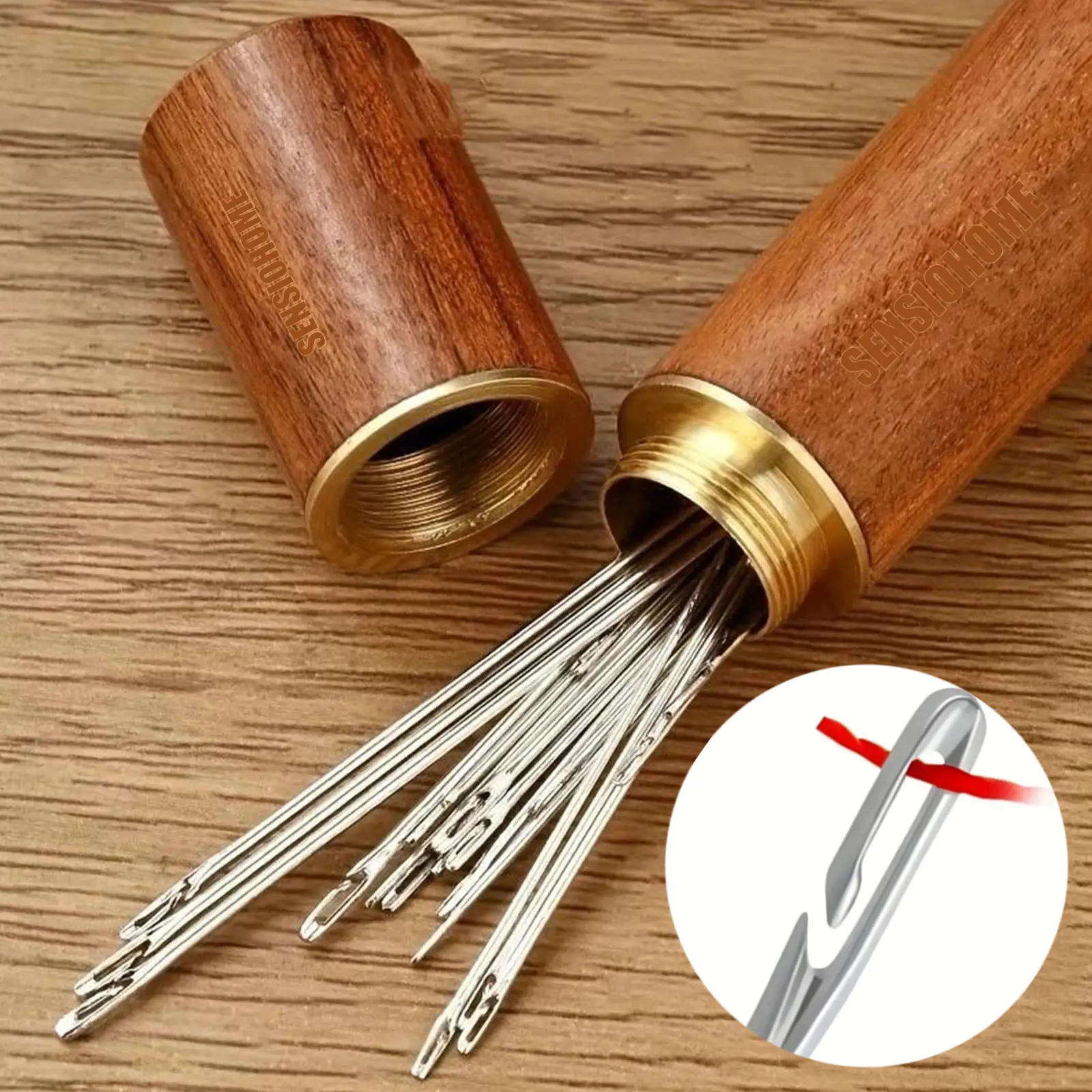 30Counts Self Threading Needles with Wooden Needle Case,Easy to Thread the Needle,Multi-Purpose Household Hand Sewing Needle,Sewing Supplies for Home