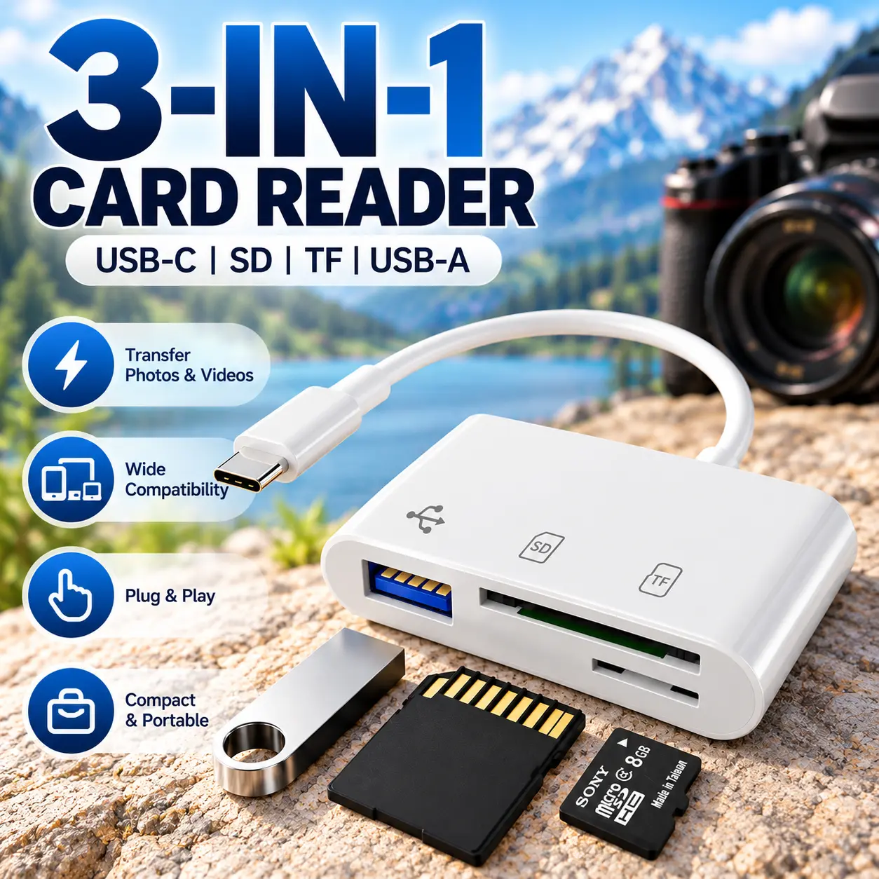 3-in-1 USB-C SD Card Reader, Type-C Memory Card Adapter with SD/TF Card Slots & USB-A Port, Plug & Play for USB-C iPhone, iPad, Android Phone, MacBook & Laptop
