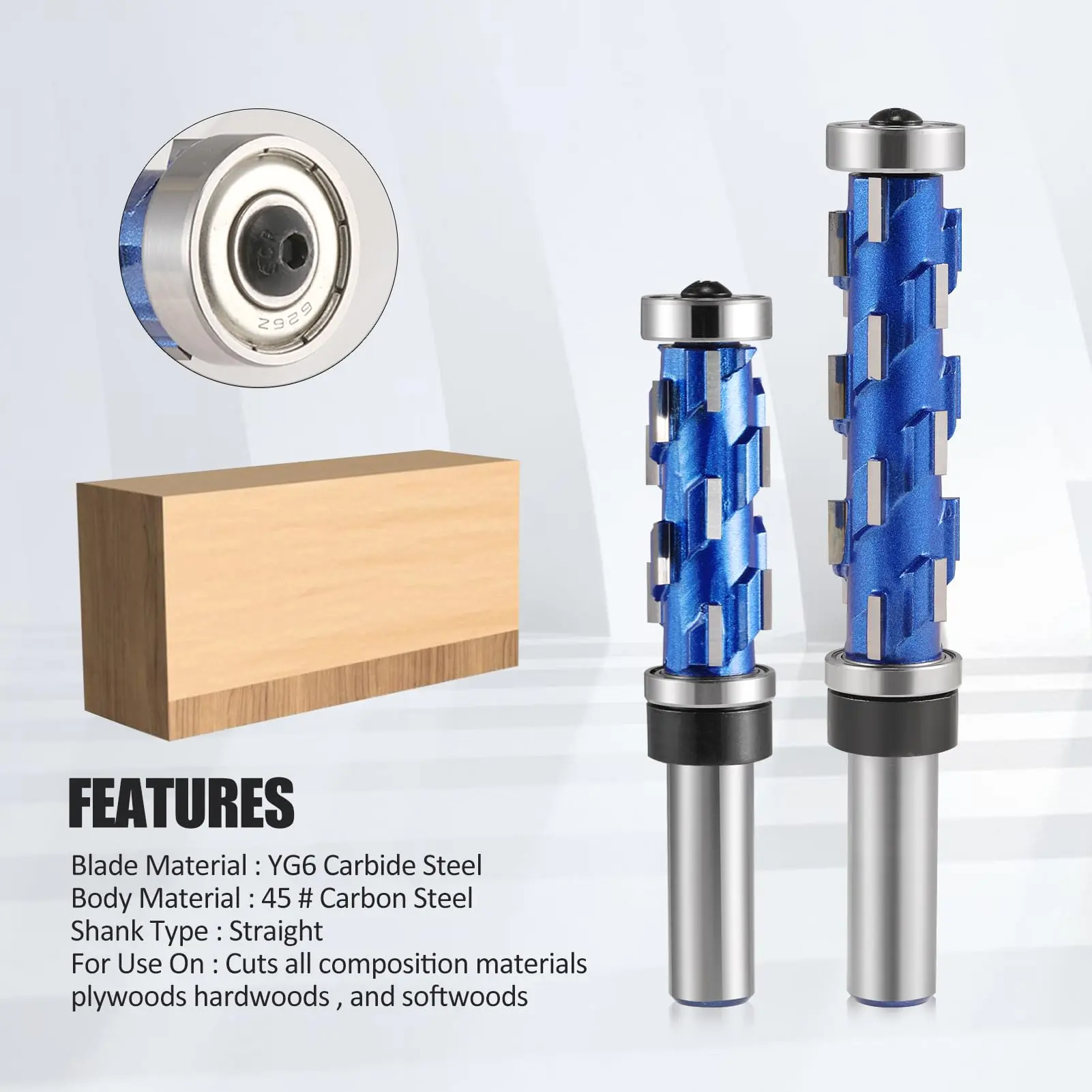 2Pcs Spiral Flush Trim Router Bit Set 1/2 Inch Shank 3/4" Diameter Double Top Bottom Bearing Spiral Carbide Trimming Bits Short & Long Cut Length For Woodworking Cabinet Furniture MDF Solid Wood Milling Cutter Tools