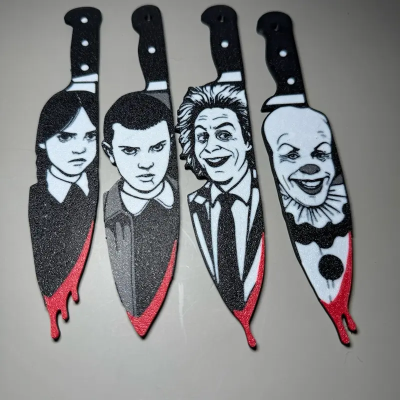 Horror Icons Set of Four Bookmarks - Black White Red Gray - Featuring Beetlejuice Pennywise Wednesday Addams & Pugsley - Perfect for Horror Fans