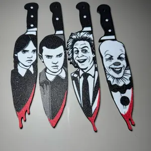Horror Icons Set of Four Bookmarks - Black White Red Gray - Featuring Beetlejuice Pennywise Wednesday Addams & Pugsley - Perfect for Horror Fans