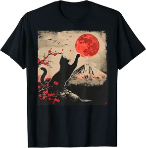 Vintage Japan Art Japanese Theme Retro Print Black Cat T-Shirt - Victoriaj Shop 29B0D21D13NV