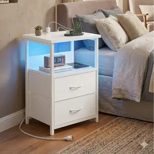 Night Stand with Charging Station, LED Nightstand with U-S-B Ports and Outlets, 2 Fabric Storage Drawers with PU Finish, Bed Side Table, White