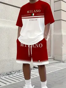Men's Milan Color Contrast Fashion 3D Print Tee, Casual Short Sleeve Fitted Crop Top, Geometric Pattern, Track Shorts Included