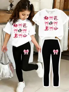 Western Cowboy Hat Boots Butterfly Print Set, Girls' Casual 2-Piece, Comfortable Elastic Waist Pants, Spring Summer Outdoor Wear, Ages 4-12, Summer Clothing Set